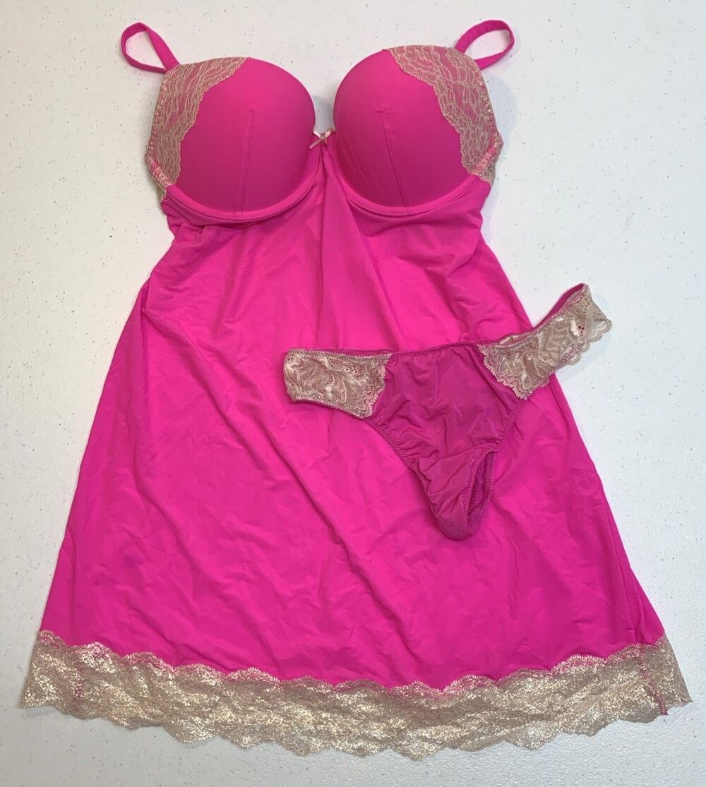 Victoria's Secret Babydoll Lingerie Slip Dress Set 34D Hot Pink S Thong Coquette